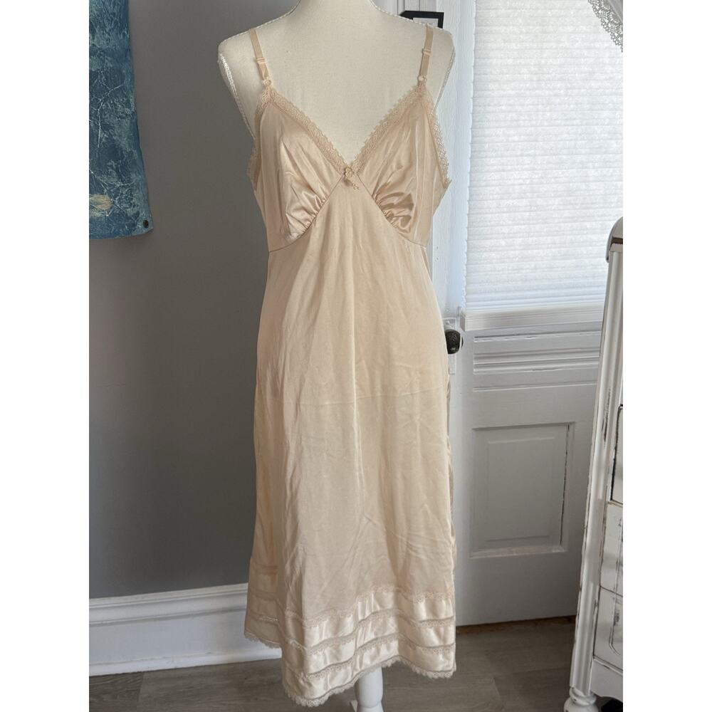 Vintage Sears Slip Dress Champagne Nylon Lace Trim Midi Lingerie 70s Small